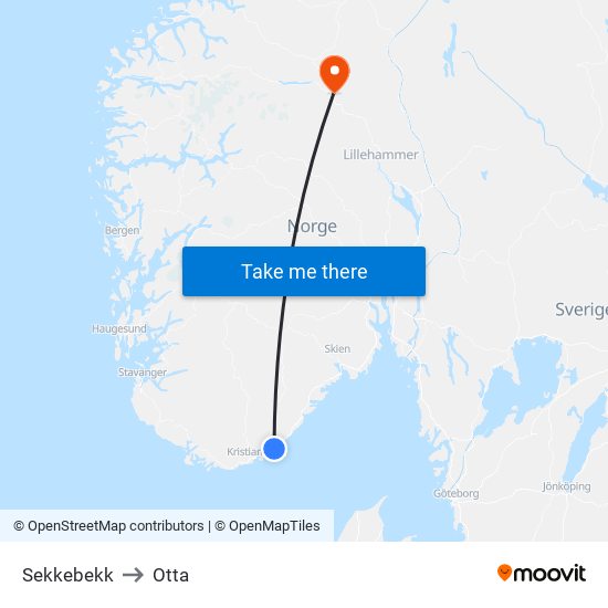 Sekkebekk to Otta map