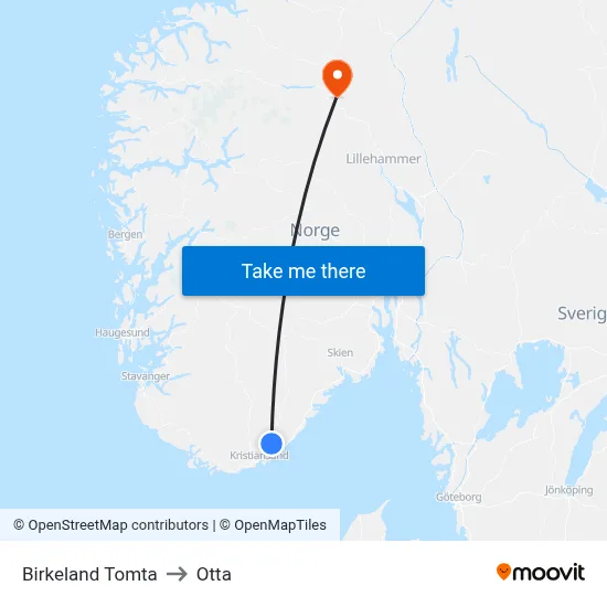 Birkeland Tomta to Otta map