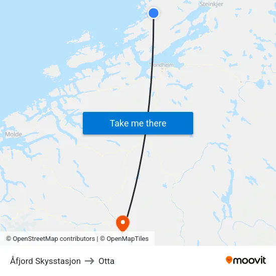 Åfjord Skysstasjon to Otta map