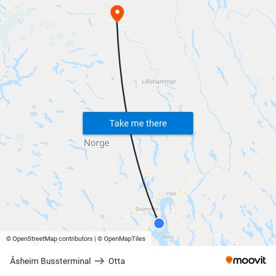 Åsheim Bussterminal to Otta map