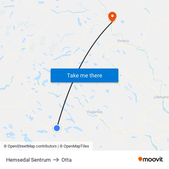 Hemsedal Sentrum to Otta map