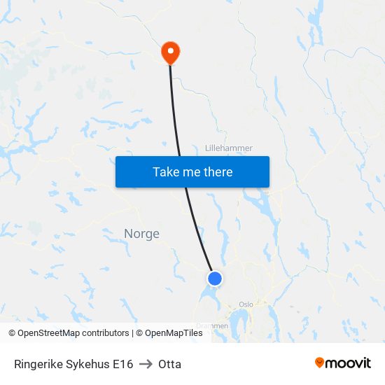 Ringerike Sykehus E16 to Otta map