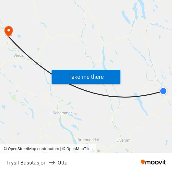 Trysil Busstasjon to Otta map