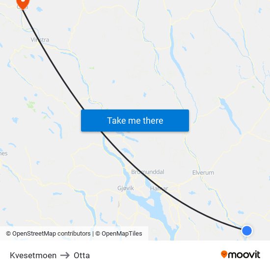 Kvesetmoen to Otta map