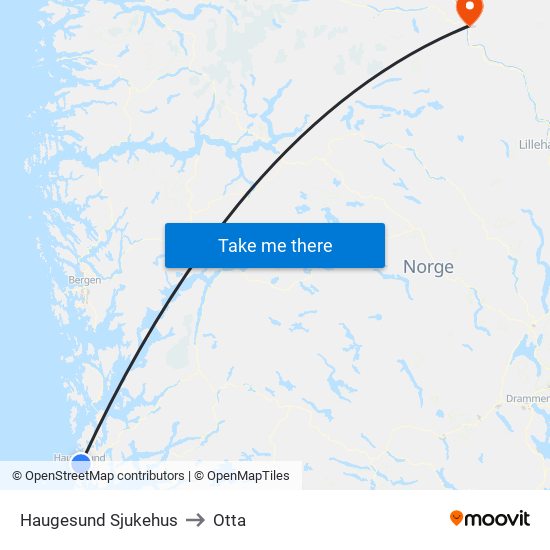 Haugesund Sjukehus to Otta map