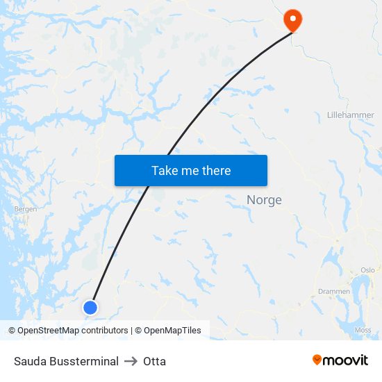 Sauda Bussterminal to Otta map