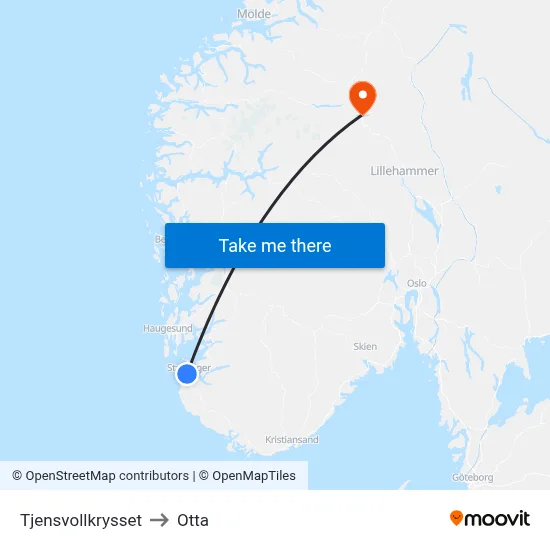 Tjensvollkrysset to Otta map