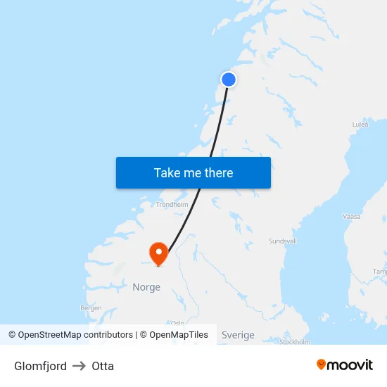 Glomfjord to Otta map