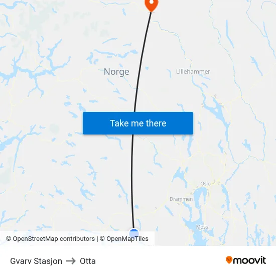 Gvarv Stasjon to Otta map