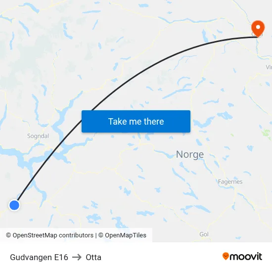 Gudvangen E16 to Otta map