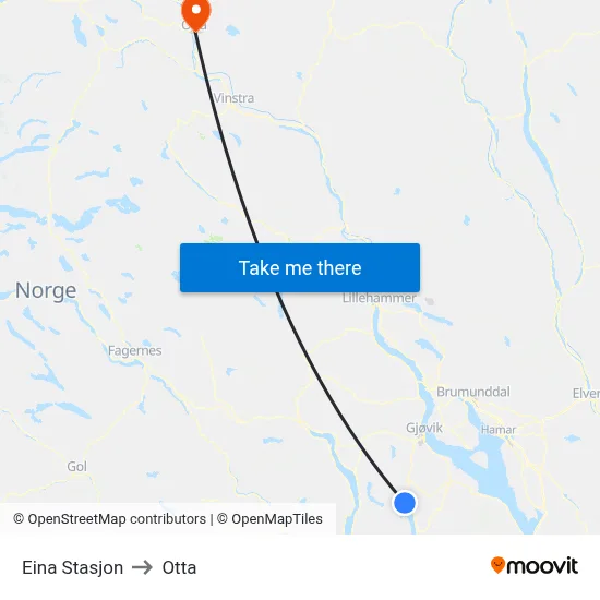 Eina Stasjon to Otta map
