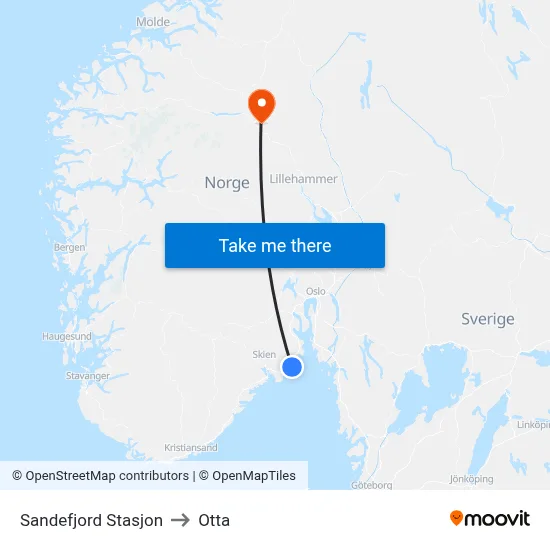 Sandefjord Stasjon to Otta map