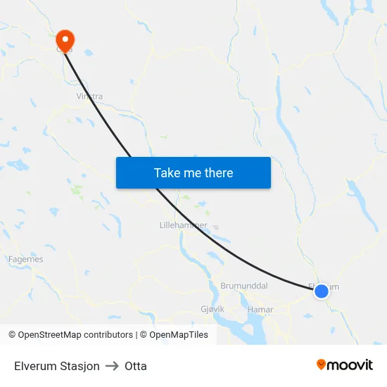 Elverum Stasjon to Otta map