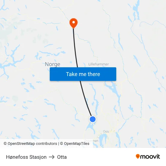 Hønefoss Stasjon to Otta map
