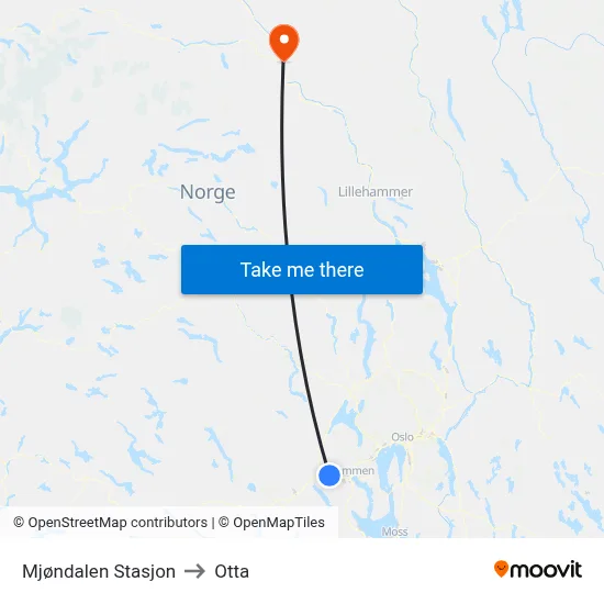 Mjøndalen Stasjon to Otta map
