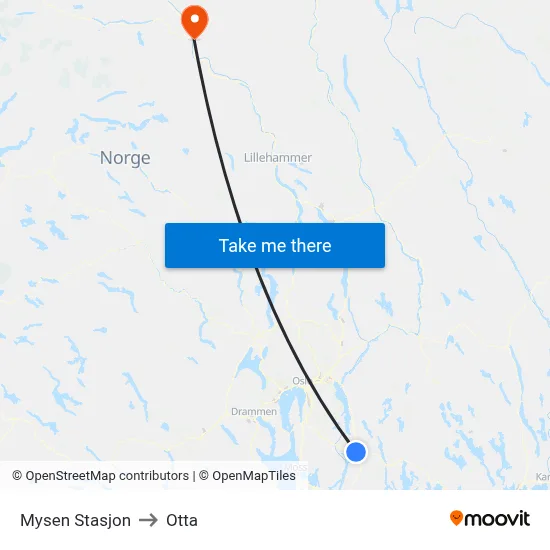Mysen Stasjon to Otta map