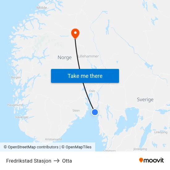 Fredrikstad Stasjon to Otta map