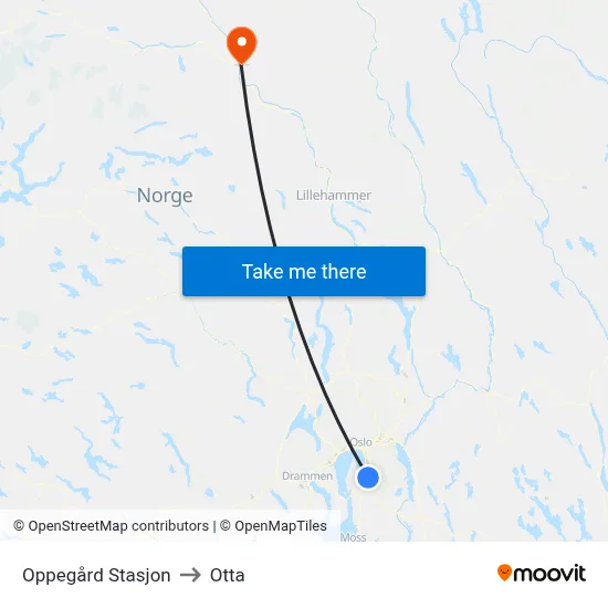 Oppegård Stasjon to Otta map