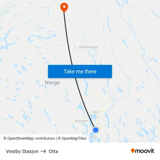 Vestby Stasjon to Otta map