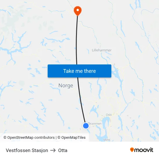 Vestfossen Stasjon to Otta map