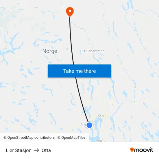 Lier Stasjon to Otta map