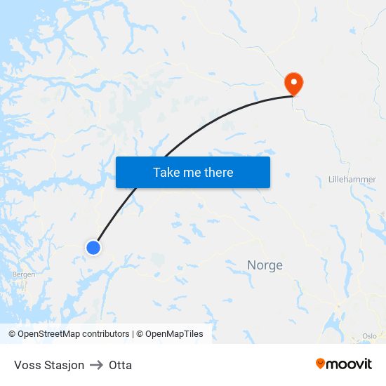 Voss Stasjon to Otta map