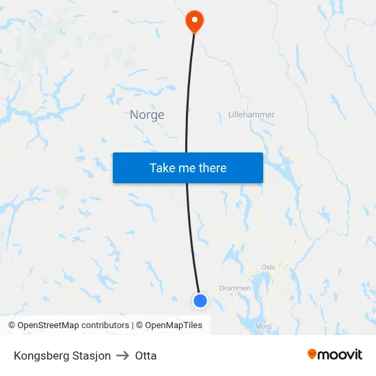 Kongsberg Stasjon to Otta map