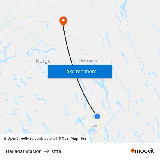 Hakadal Stasjon to Otta map