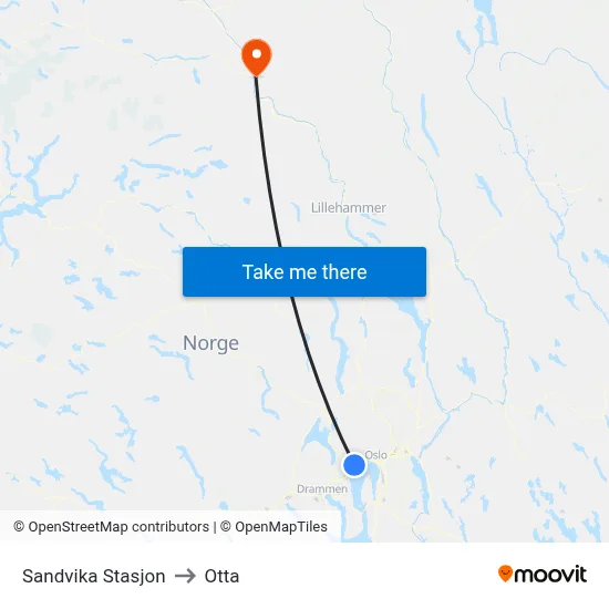Sandvika Stasjon to Otta map