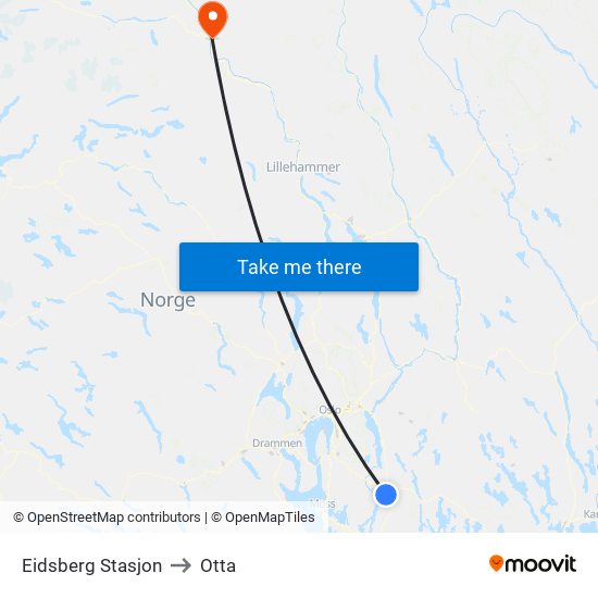 Eidsberg Stasjon to Otta map