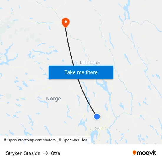 Stryken Stasjon to Otta map