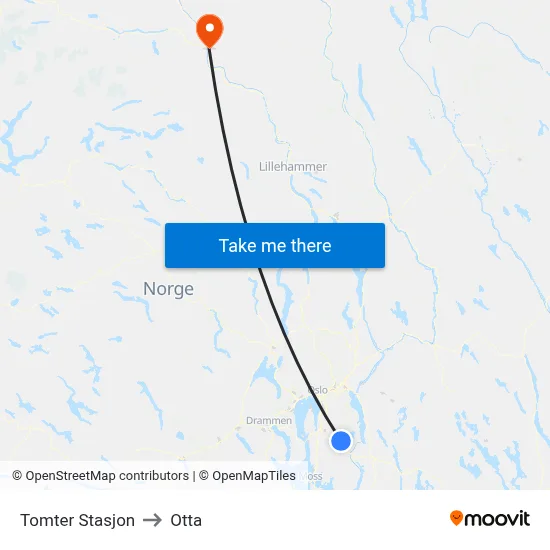 Tomter Stasjon to Otta map
