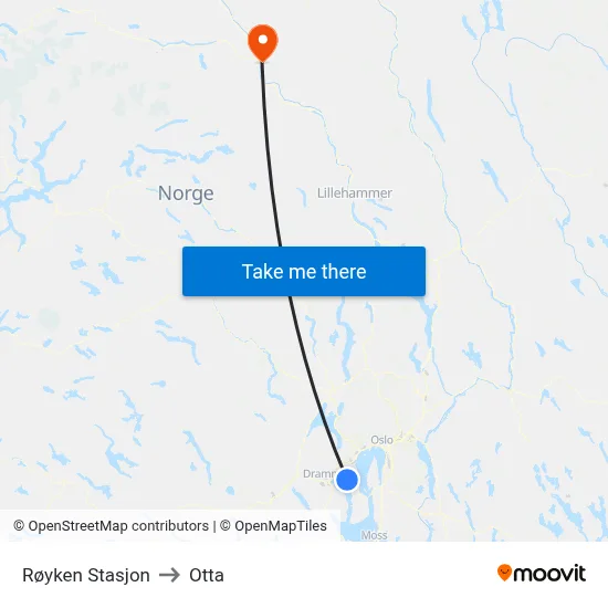 Røyken Stasjon to Otta map