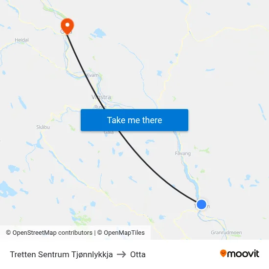 Tretten Sentrum Tjønnlykkja to Otta map