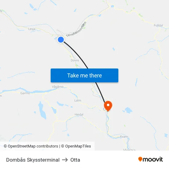 Dombås Skyssterminal to Otta map