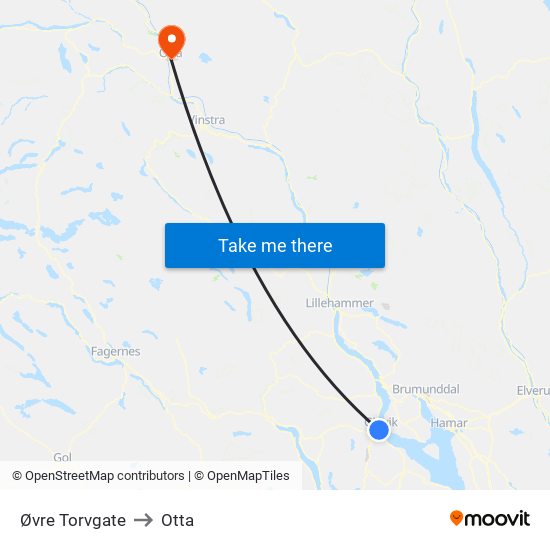 Øvre Torvgate to Otta map