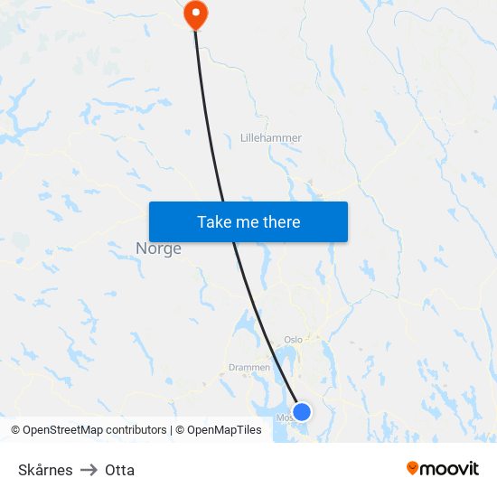 Skårnes to Otta map