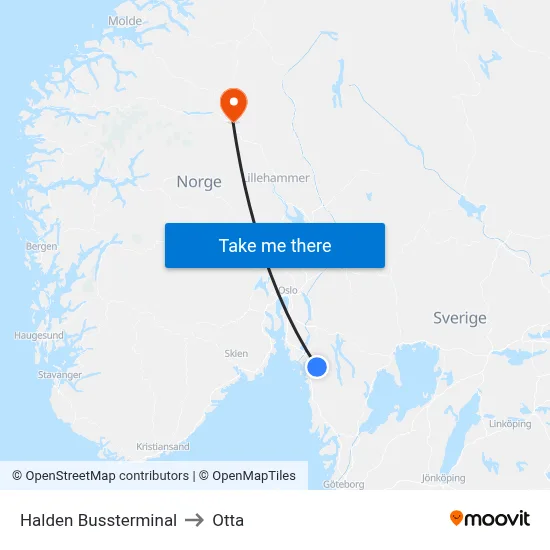 Halden Bussterminal to Otta map