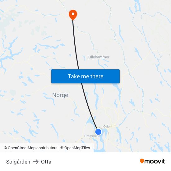 Solgården to Otta map