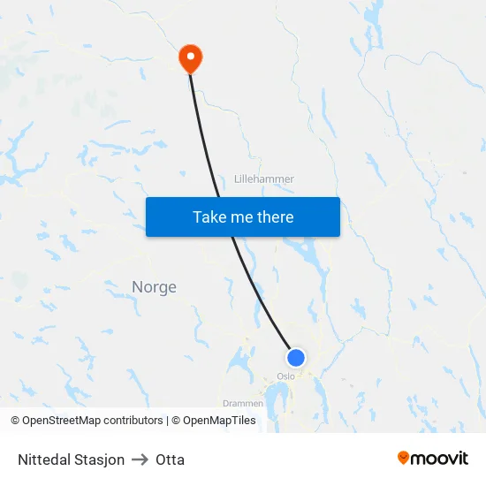 Nittedal Stasjon to Otta map