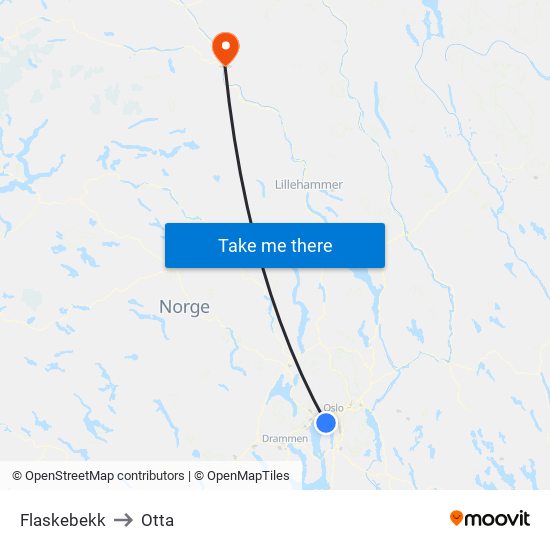 Flaskebekk to Otta map