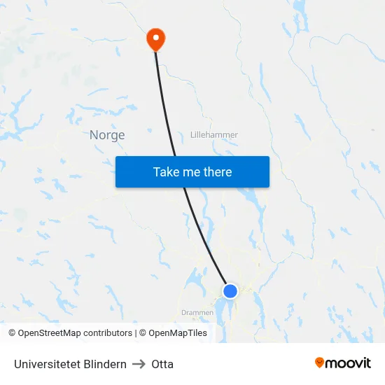 Universitetet Blindern to Otta map