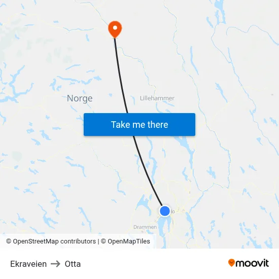 Ekraveien to Otta map
