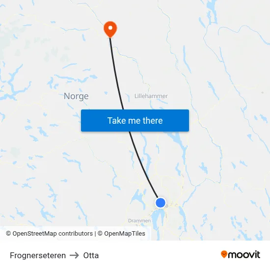 Frognerseteren to Otta map