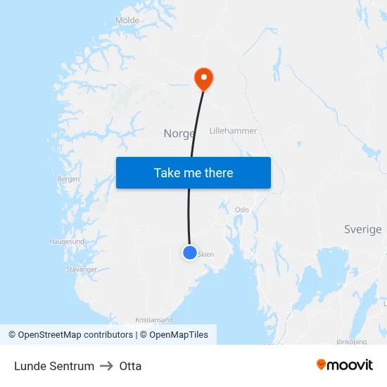 Lunde Sentrum to Otta map