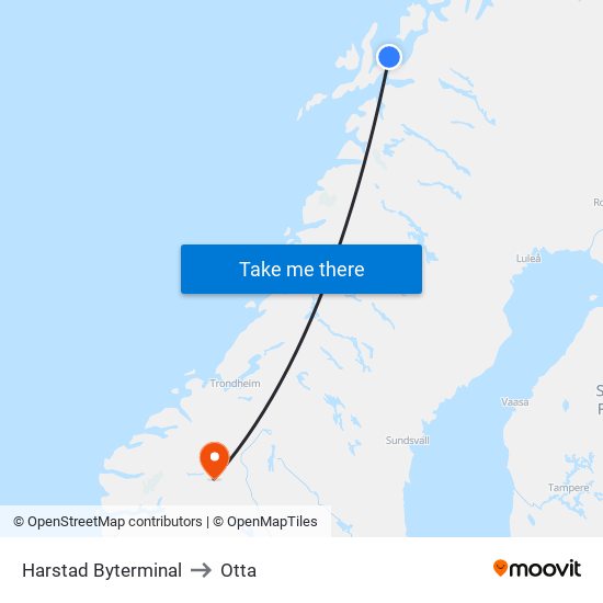 Harstad Byterminal to Otta map