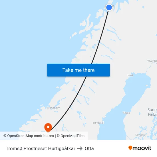 Tromsø Prostneset Hurtigbåtkai to Otta map