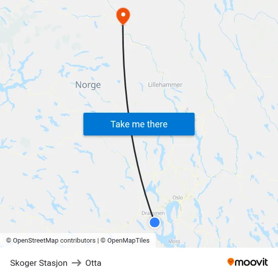 Skoger Stasjon to Otta map