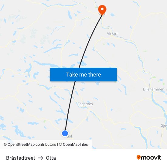 Bråstadtreet to Otta map