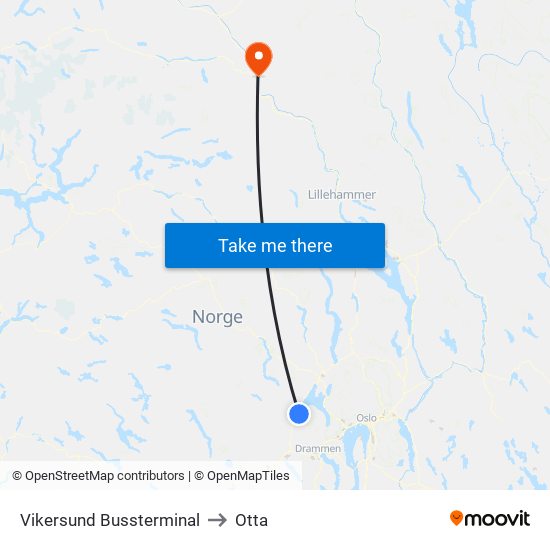 Vikersund Bussterminal to Otta map